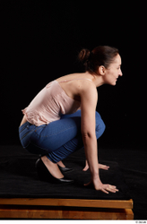 Whole Body Woman White Jeans Average Kneeling Top Studio photo references